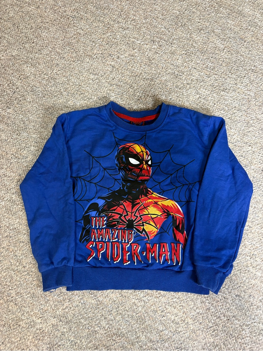 Spiderman Blue Crewneck with Red Trim and Multicolor Graphic